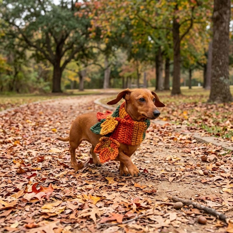 AI concept: Dachshund in a crochet leaf scarf in a yard of fallen leaves