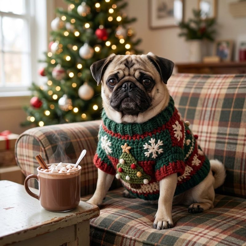 AI concept: Pug in a crochet Christmas sweater on a plaid couch