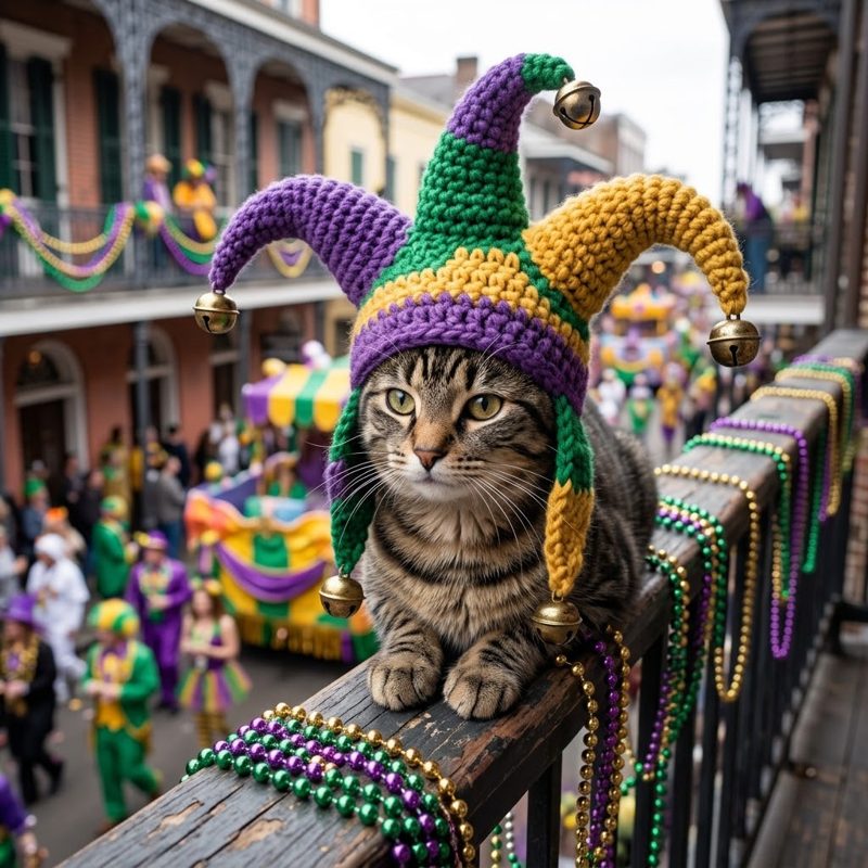 AI concept: Cat in a crochet jester hat on a balcony above a Mardi Gras parade