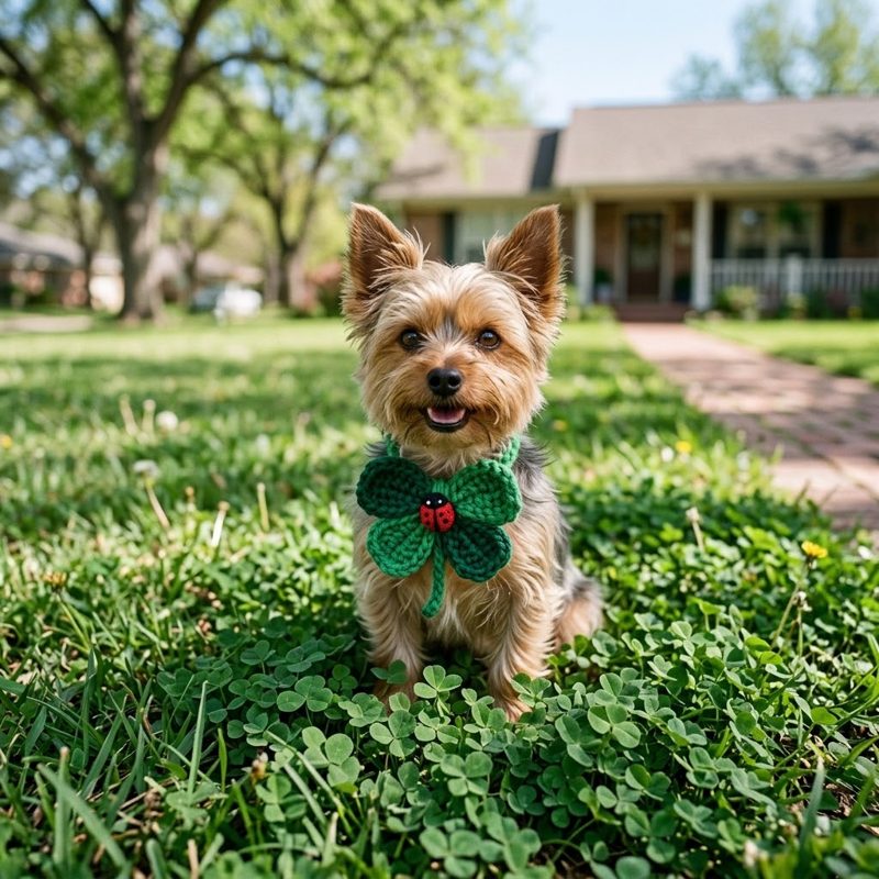 AI concept: Yorkie in a crochet clover bow tie on a green lawn
